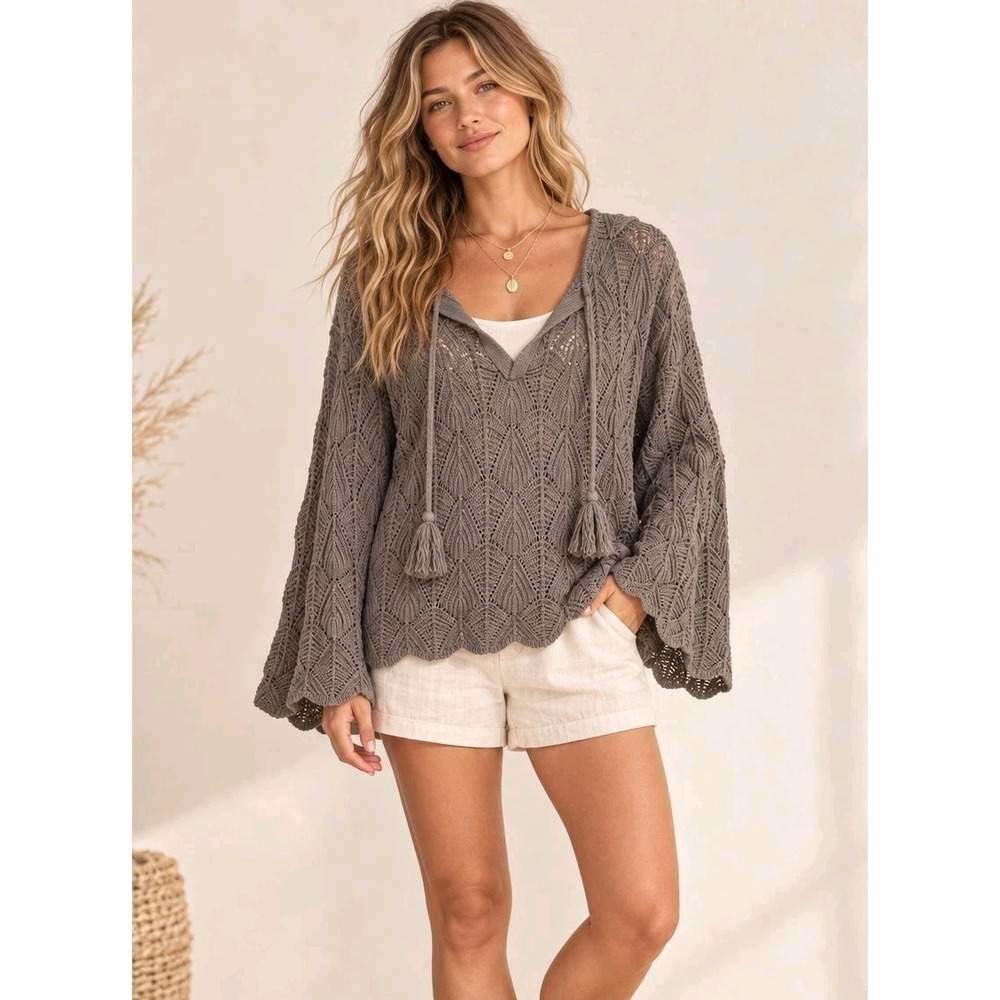 100% Cotton Crochet Open Knit Bell Sleeve Sweater XL Boho Coastal Granola Green